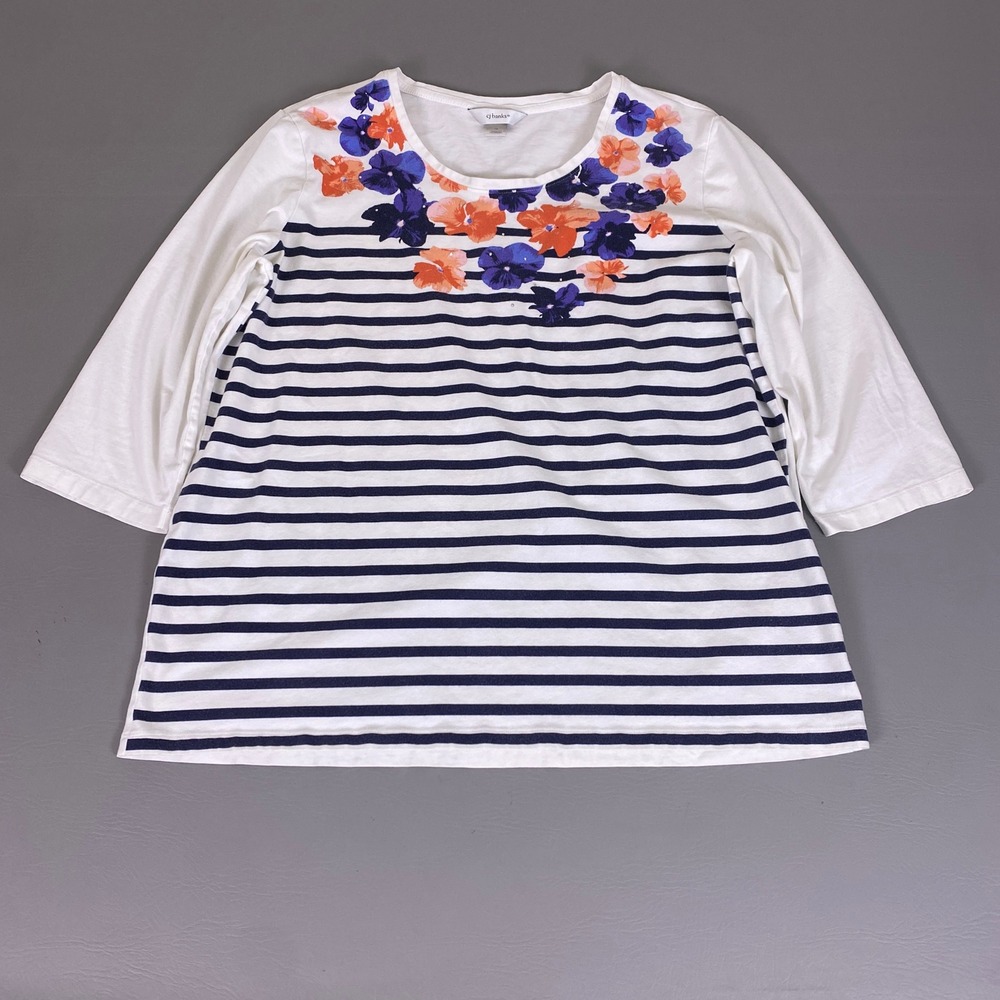 CJ Banks Top Women's Plus 1X Striped Floral 3/4 Sleeve Scoop Neck White Navy